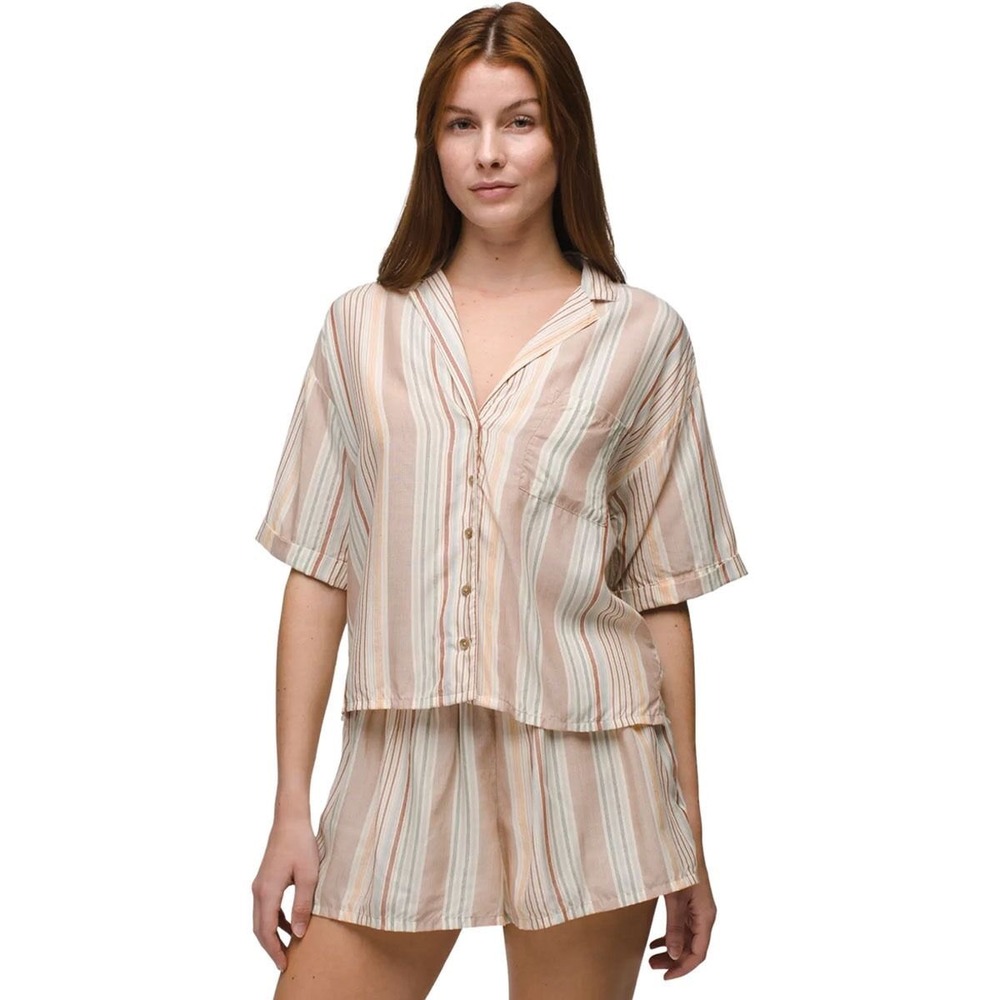 prAna Iguala Top NWT Medium Clay Stripe TENCEL Modal Camp‎ Shirt Button Front